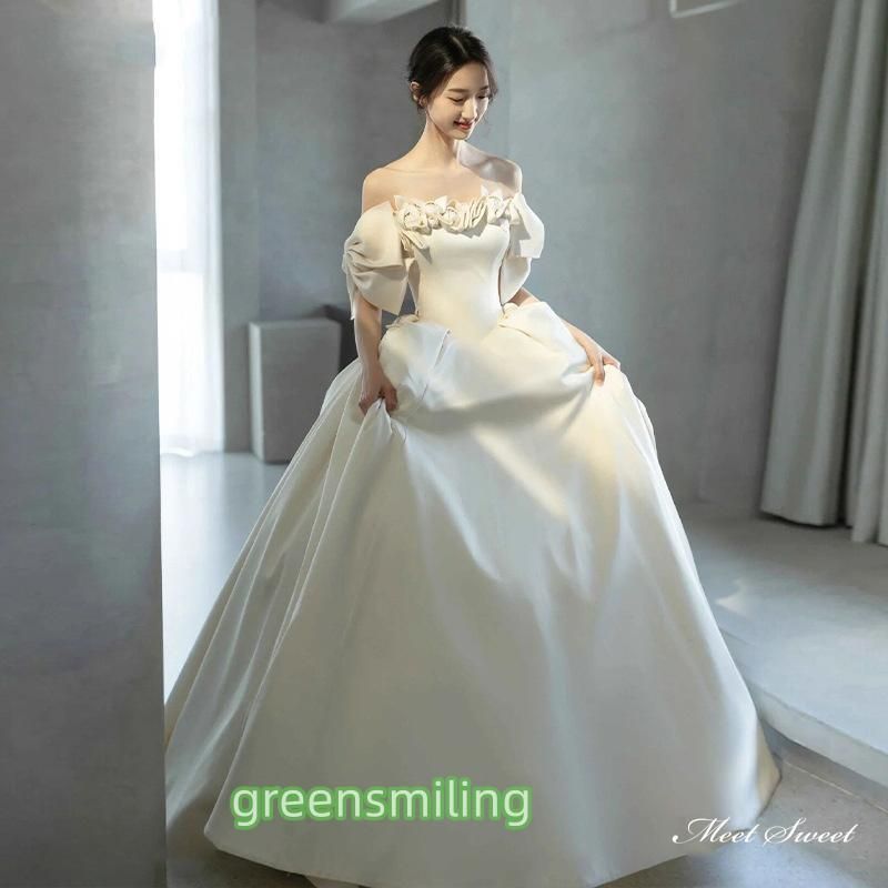 ウェディングドレス ウエディングドレス ロングドレス 二次会 結婚式 前撮り ブライダル 花嫁 オフショルダー リボン サテン 編み上げ プリ