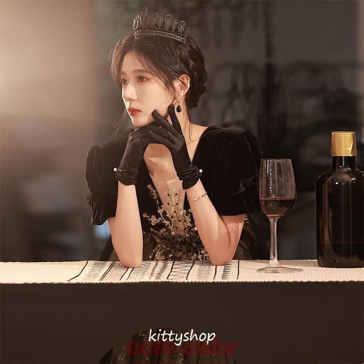 イブニングドレス 黒 ベロア ベルベット 発表会ドレス ロングドレス