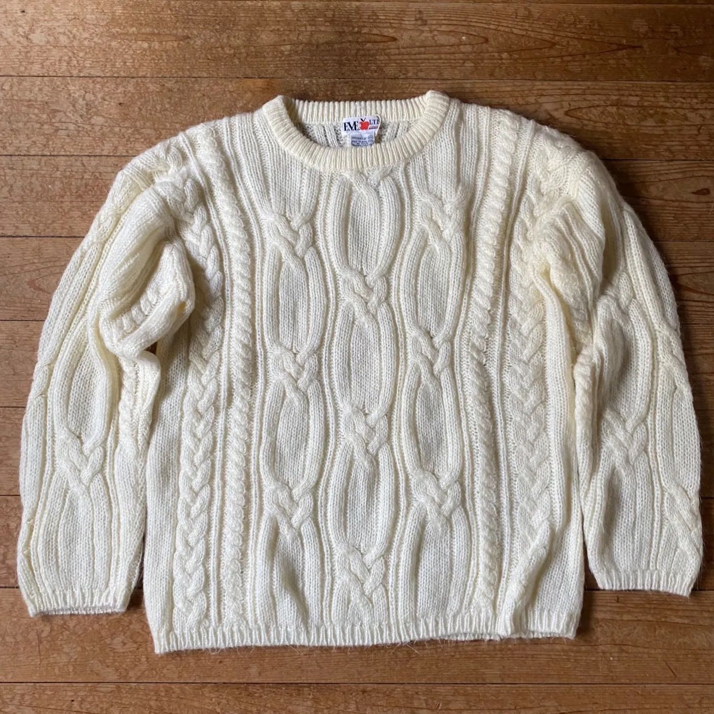 90's  mohair like white cable Knit USA古着 ニットセーターホワイト