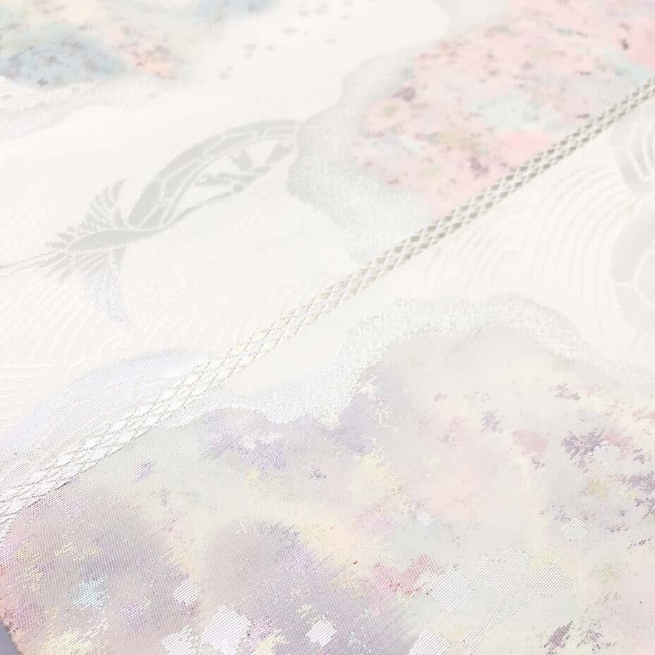 ss6097 【中古】 袋帯 六通柄 ホワイト系 淡色 ピンク 水色 薄紫  