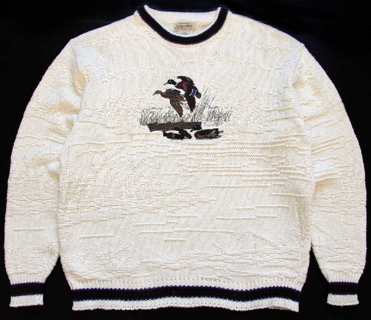 90s USA製 STJOHN'SBAY カモ刺繍 編み柄 コットンニット セーター ナチュラル Lオールド ハンティング ストアブランド オーバーサイズ
