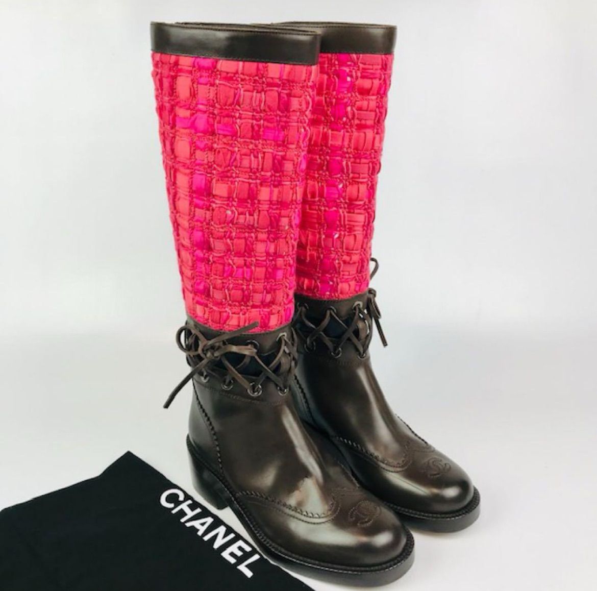 CHANEL シャネル レディース レザー切替し ココマーク刺繍 ツイード ロングブーツ 35.5 イタリア製 レディースブーツ ブーツ 秋冬物 カジュアル 靴 ブランド