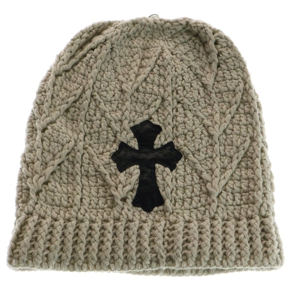 【超極美品】クロムハーツ カシミヤ CHクロス レザーパッチ ニット帽 CHROME HEARTS クロムハーツ レザーパッチビーニー レザークロス