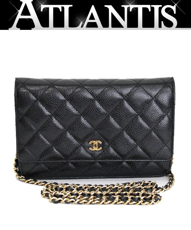 シャネル CHANEL マトラッセ チェーンウォレット キャビアスキン 黒 G金具 24番台 71692