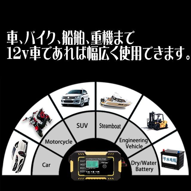 急速バッテリー充電器 12V車コンパクト充電器イエロー 大型車から軽自動車やバイクや重機まで対応 高性能で簡単操作でバッテリーを急速充電