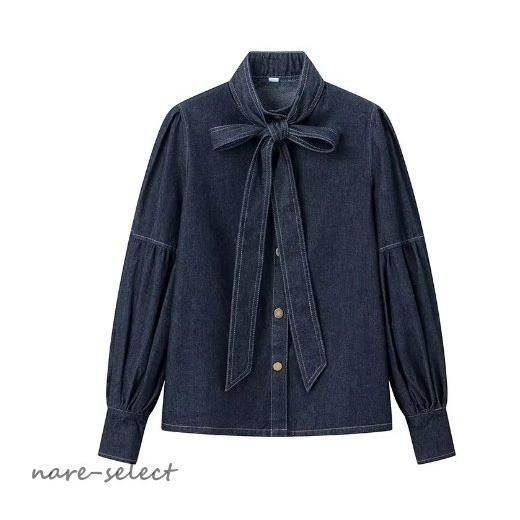 ブラウス レディース トップス シャツ デニム 立ち襟 フリル リボン ボウタイ 長袖 春 春服
