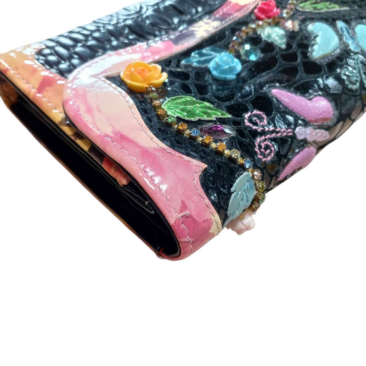 美品✨ MICHEL ANGELO 長財布 ビジュー 刺繍 型押し 多目的 N1273】MICHELANGELO ミケランジェロ 長財布 ビジュー 刺繍 型