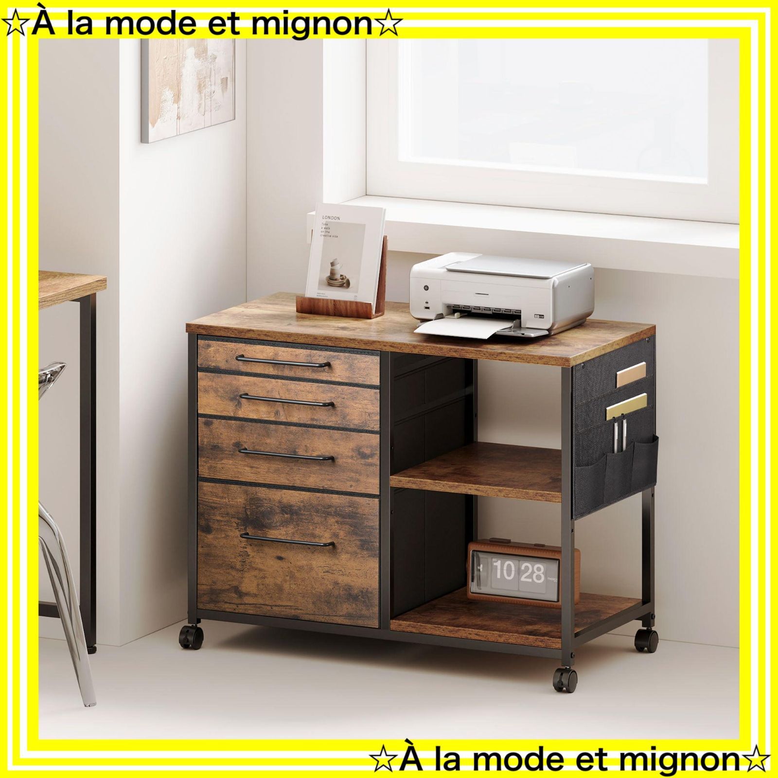 即日発送 ビンテージ 幅750*奥行400*高さ650mm デスク下収納 キャスター付き 大容量 プリンター台 A4対応 オフィスワゴン 4段 サイドワゴン 層板付き 袖机 布製 デスクワゴン サイドキャビネット YeTom