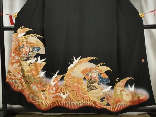 平和屋着物□豪華黒留袖 駒刺繍 立波飛鶴文 暈し染め 金彩 正絹