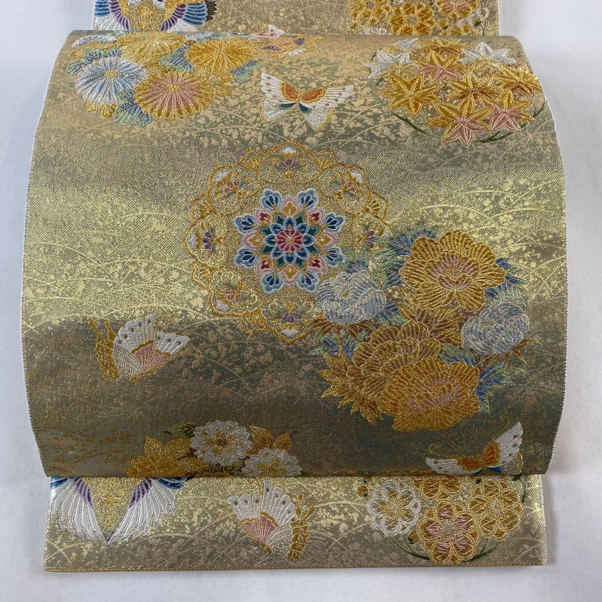袋帯 美品 秀品 草花 流水 金糸 箔 金色 六通 正絹 【中古