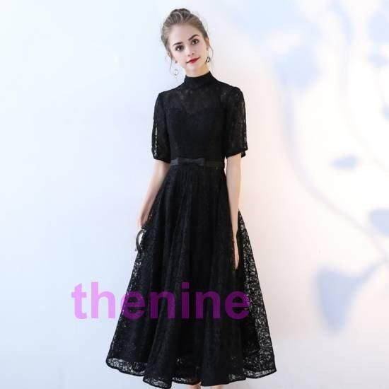 全 パーティードレス袖あり黒結婚式お呼ばれドレスレースワンピースレースパーティドレス結婚式二次会演奏会お呼ばれワンピースフォーマル大519