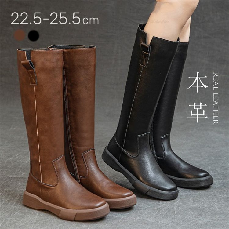 ジョッキーブーツ レディース ロングブーツ 本革 ローヒール ニーハイブーツ 美脚 膝丈 合皮 レザー調 カジュアル 通勤 デート 歩きやすい