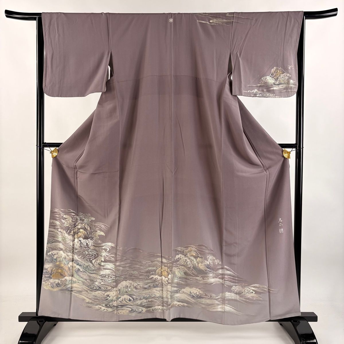 訪問着 身丈159cm 裄丈65cm M 袷 和田光正 落款 波頭 岩 金銀彩 ぼかし 灰紫 正絹 秀品 一つ紋