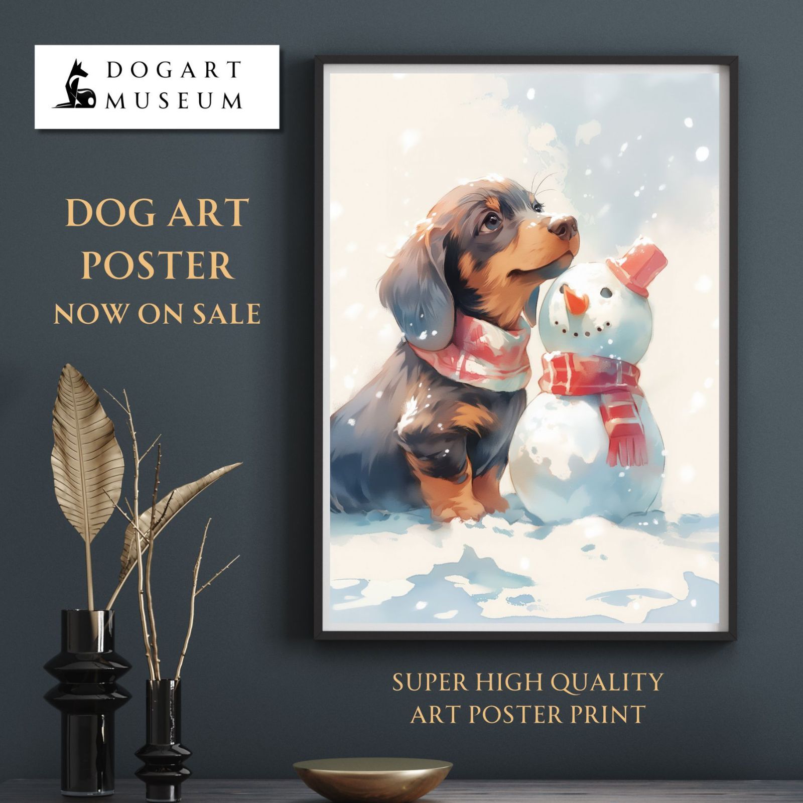 雪犬戯舞 - ダックスフンド犬 No.1 クリスマス ブラックタン 冬 雪だるま 子犬 ペットロス うちの子 記念日 アートポスター 犬の絵 犬のイラスト ギフト プレゼント
