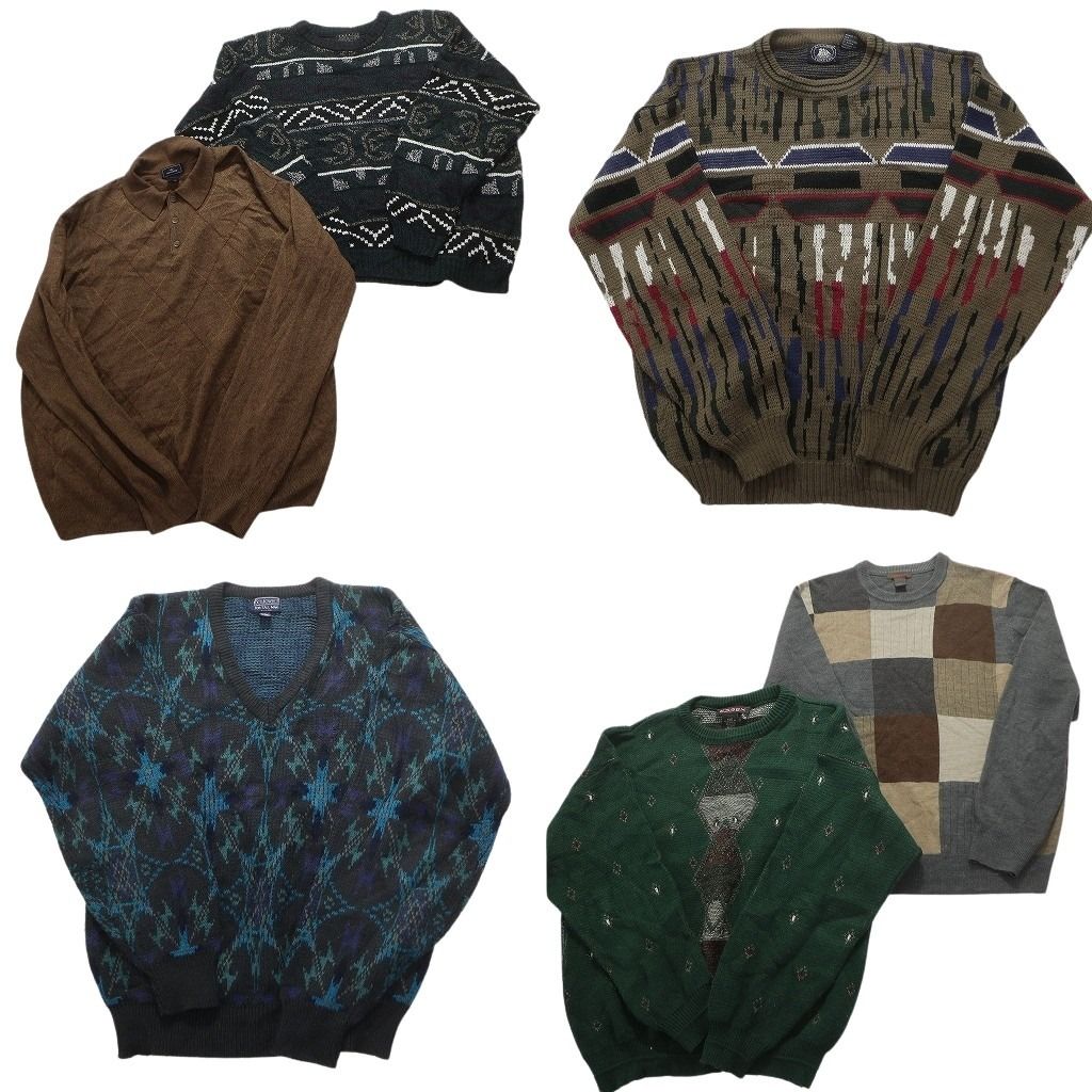 古着卸 まとめ売り 総柄 100％アクリル セーター 6枚セット (メンズ L /XL ) ニットポロ Ｖネック チェック 中古 古着 MY3328