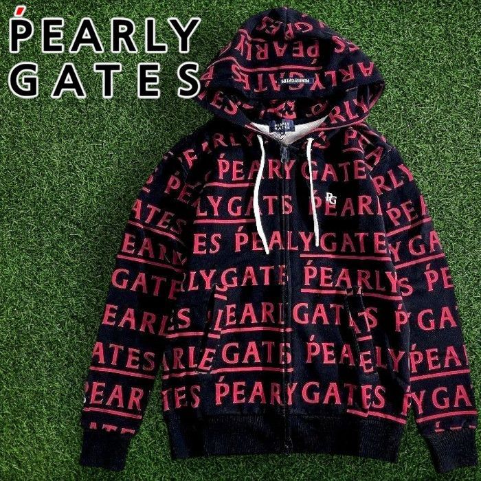 PEARLY GATES パーリーゲイツ ゴルフ コットン裏毛 スウェット メゾンロゴ柄 フルジップ フーディ パーカー ジャケット ゴルフウェア レディース 055-2162314 定価3万 ブラック レッド ▲034 50214w05