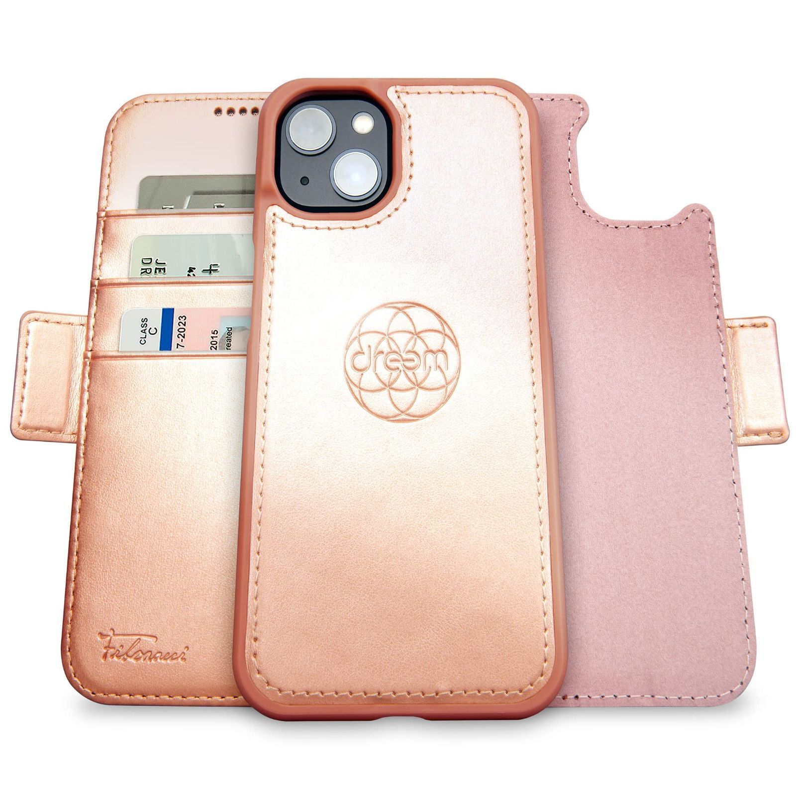 新着商品 2通りに使えるフリップスタンド付き - - RFIDカード保護機能 携帯電話ケース 耐衝撃 マグネット着脱式 ヴィーガンレザー製 Plus用 ローズ 14 iPhone Apple 財布型ケース フィボナッチ Fibonacci 2イン1 Dr