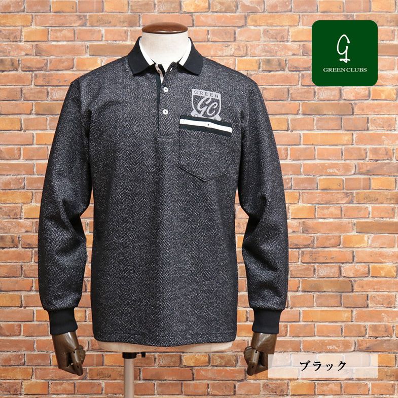 23AW/GREENCLUBS/4(L)サイズ/ポロシャツ ウール混ニット ヘリンボーン柄 胸ポケット 日本製 長袖 新品/黒/ブラック/jt108/