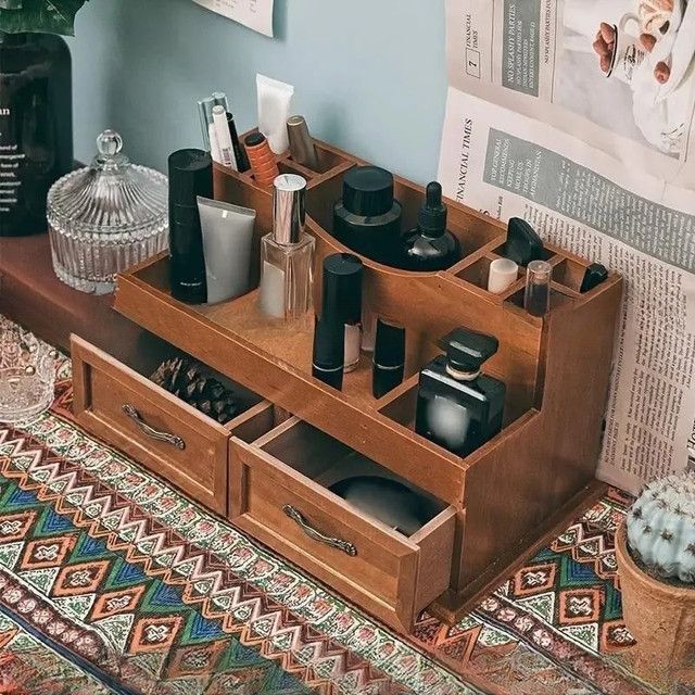 収納ケース ヴィンテージスタイル 木製 卓上 ジュエリー アクセサリー 化粧品 香水 メイク道具収納 大容量多機能 小物収納 おしゃれ アンティーク カフェ風インテリア 4-7