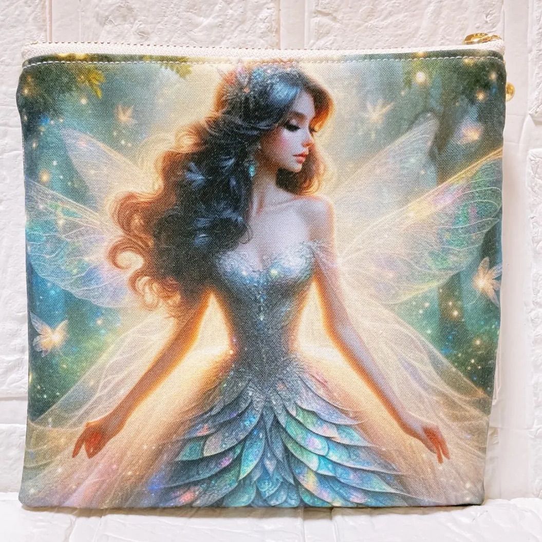 フラットポーチ ファスナーポーチ ハンドメイド 両面パネル 幻想的美人  
