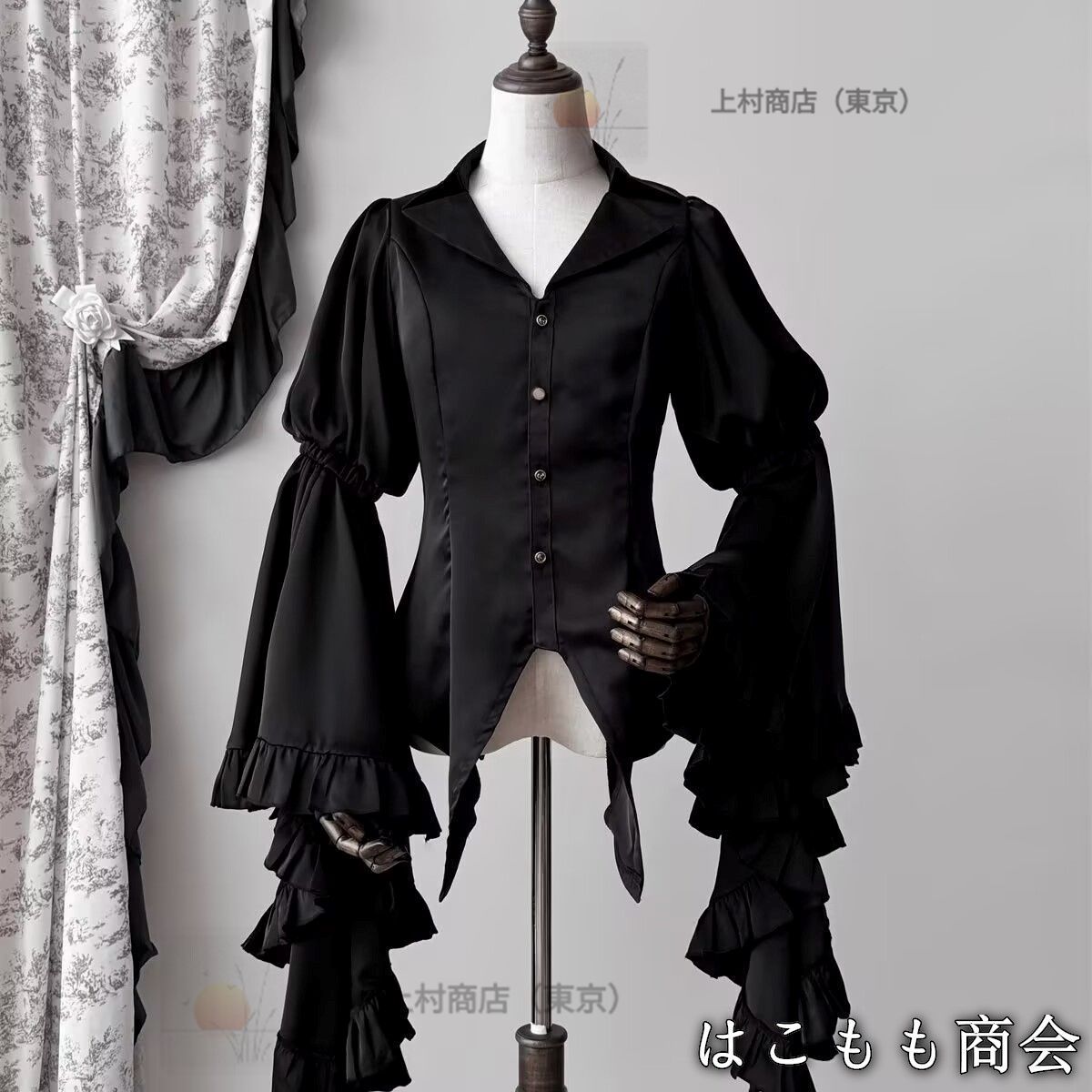 ゴシック ブラウス シャツ トップス 小悪魔 華ロリ 姫袖 暗黒風 ロリータ 黒 赤 フリル レース パフスリーブ おしゃれ レディース 春秋 女性らしい パーティー 演奏会 披露宴 舞台 衣装 女の子 レトロ風 クモ魔女 コスプレ ユニフォーム