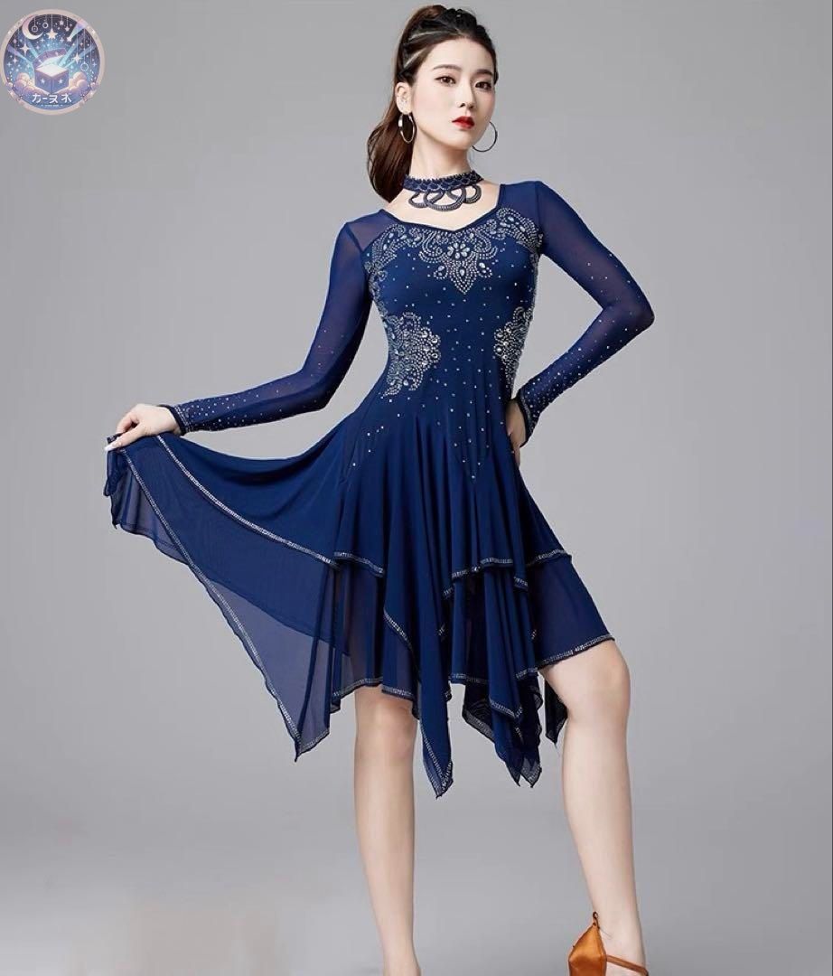 ♥ 裾がよく踊るストーン付きラテンドレス ダンスパーティーや競技会 デモにも