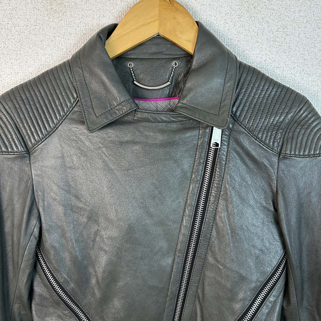 ダブルライダースジャケット レザージャケット アシンメトリージップ チャコールグレー Sサイズ レディース 古着 モード Y2K