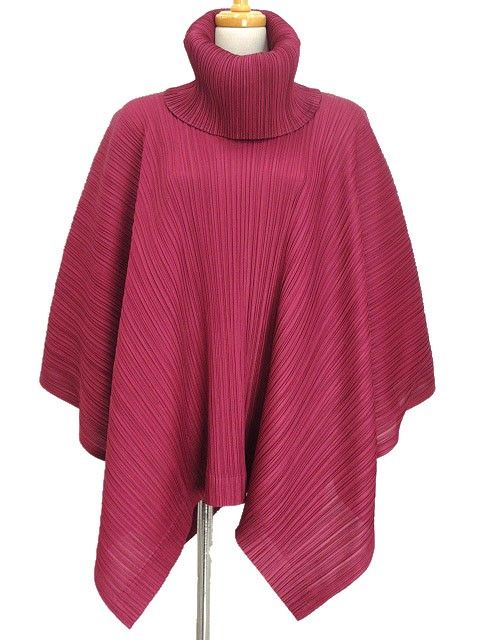 プリーツプリーズ PLEATS PLEASE タートルネック ポンチョ ケープ トップス 3 ワインレッド 赤紫