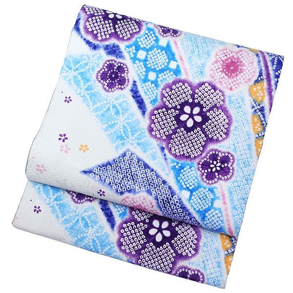 京袋帯 お太鼓 一重太鼓 白 青 紫色 花 絞り風 鹿の子 疋田 紗綾型 地模様 市松 シャンパン ポリエステル 女性 帯 着物 20代 30代 40代 50代 60代 70代 kyo-r7-gu6