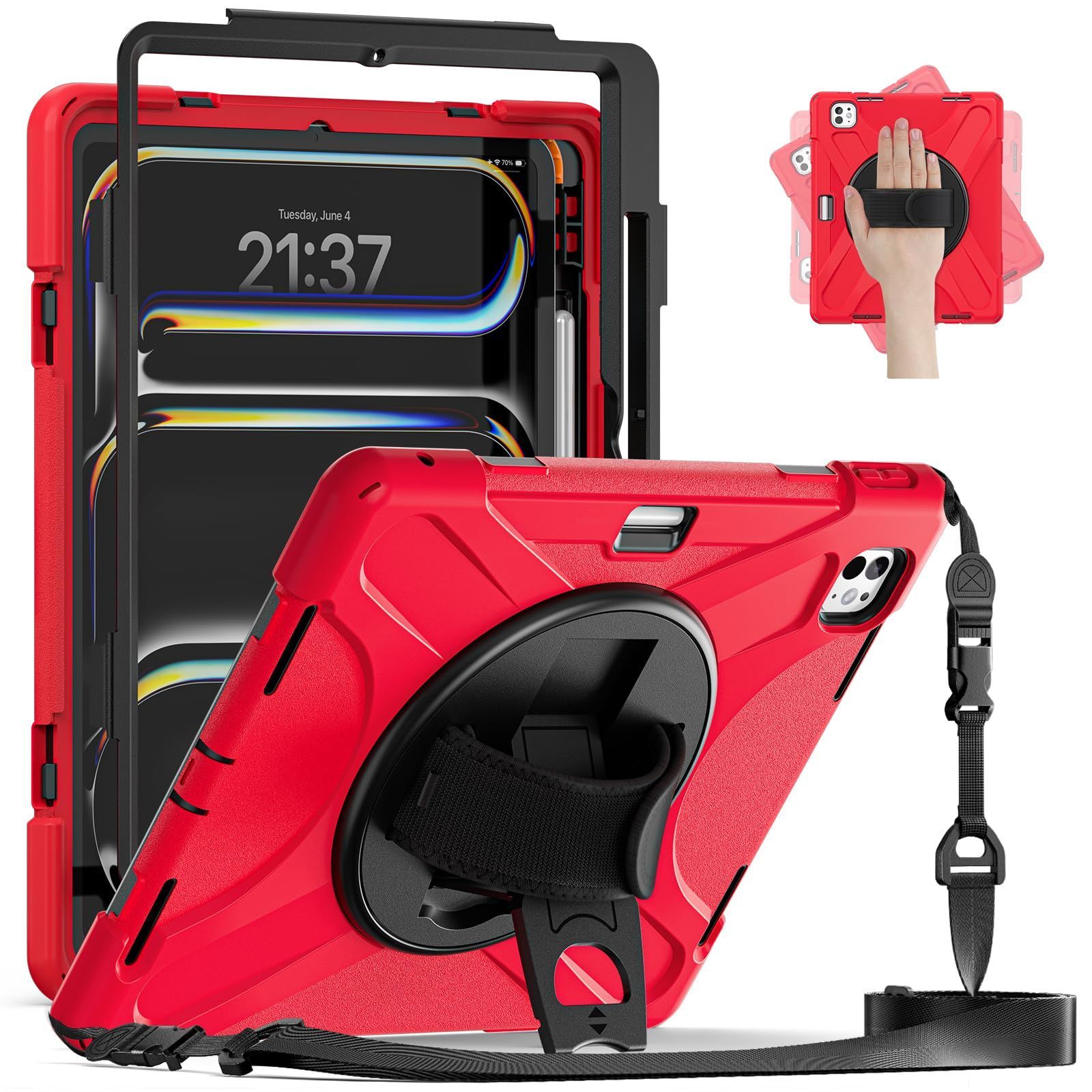 子供用 取り出し ショルダーストラップ付き肩掛け首掛け 頑丈 スタンド付き横置き縦置き ハンドストラップ付き 耐衝撃カーバ 傷防止 フィルム付き ペンシルホルダー付きタッチペン収納でき アイパッドプロ13インチケース2025 耐久性保護ケース