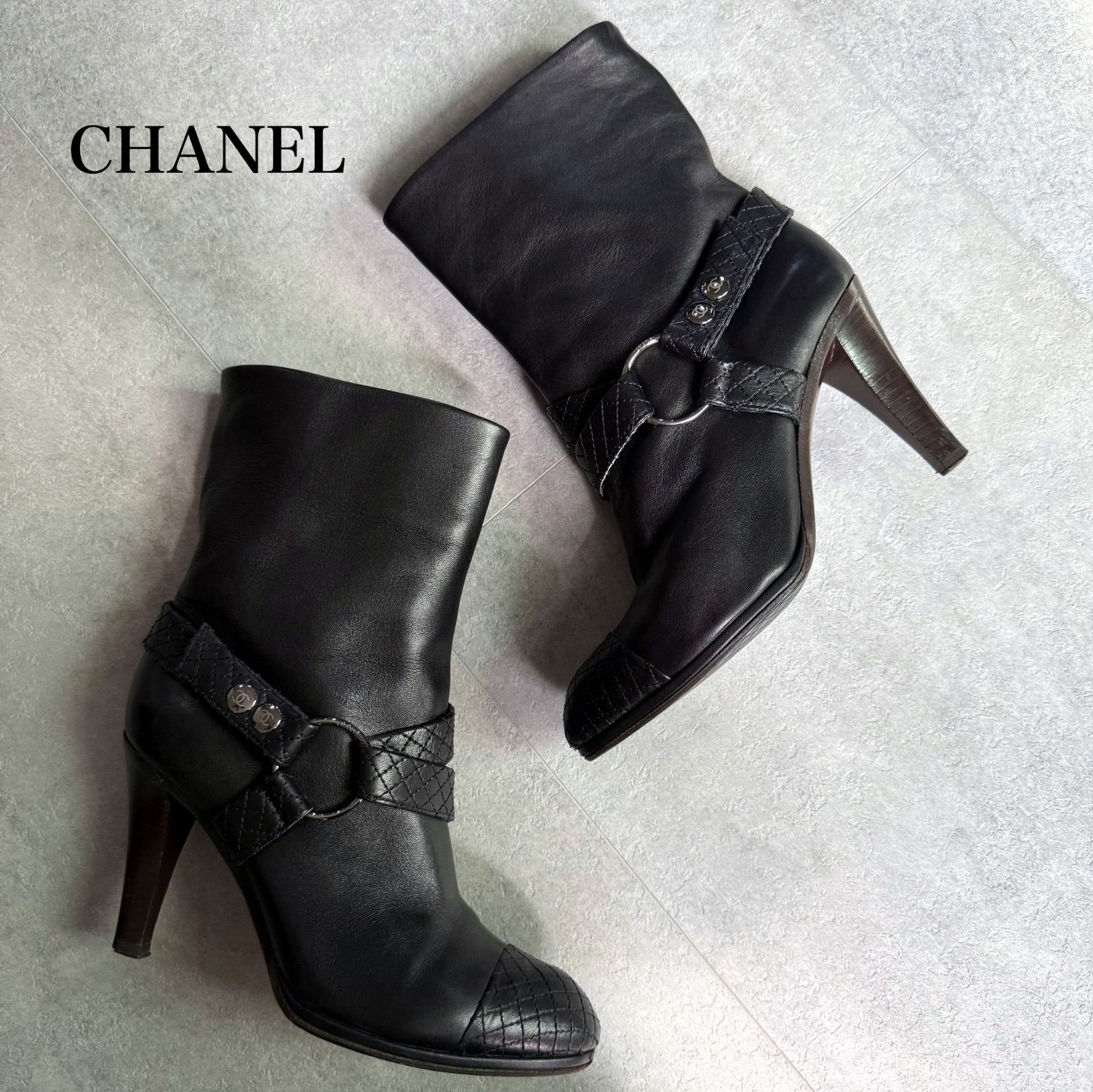 CHANEL シャネル マトラッセ レザー ベルトブーツ ココマーク ミディアム丈 ブラック 37C 24cm