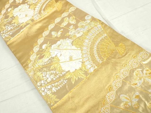 美品！　銀蘭　唐織　扇面　六通柄　袋帯　440cm 帯　花柄　扇面 平和屋着物◎六通柄袋帯 扇面花文 金銀糸 正絹 逸品 DAAT2504qa