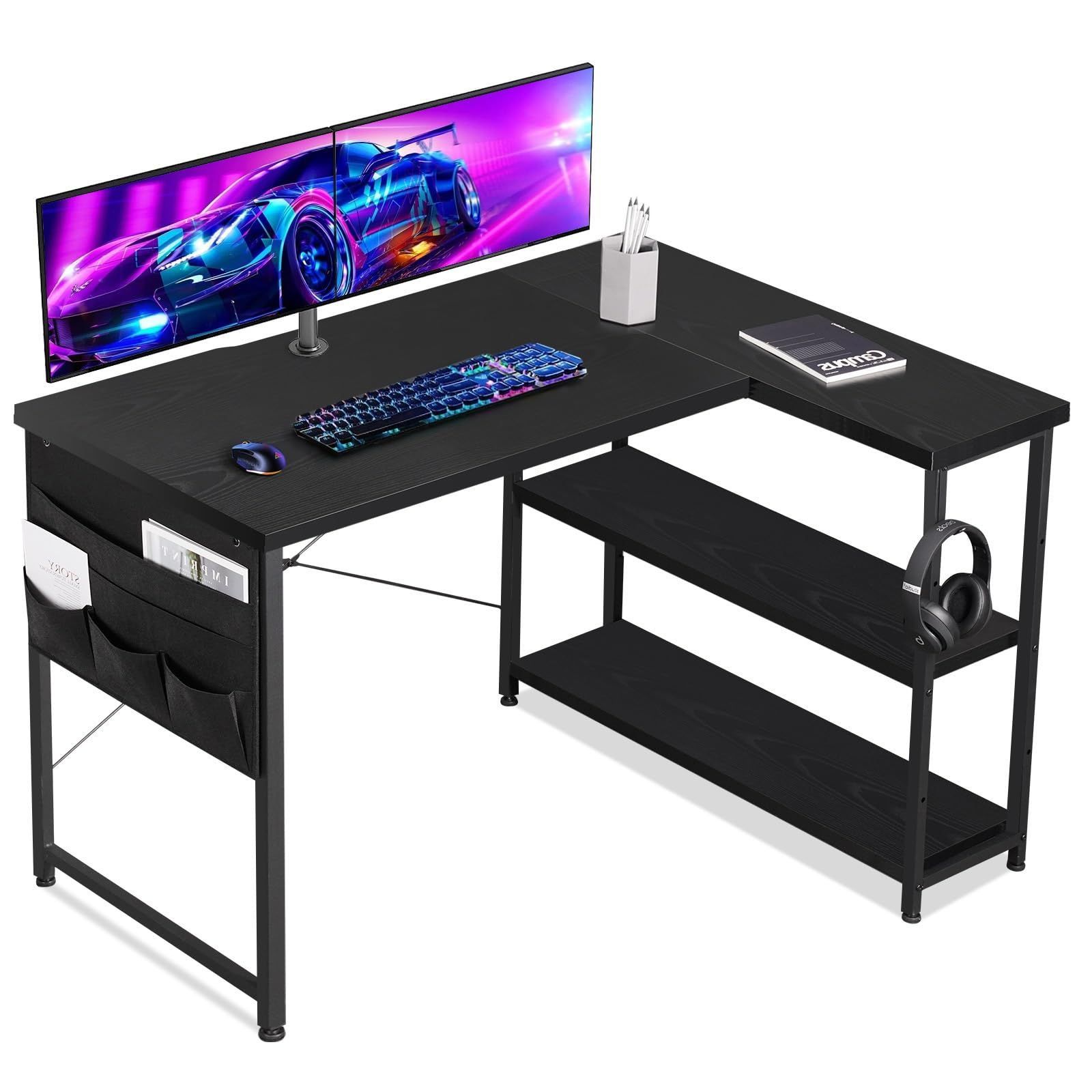 pcデスク 右棚左棚 幅107cm l字デスク ゲーミングテーブル gaming desk 収納袋付きオフィスデスク ゲーミングデスク ゲームデスク ゲーミング机  YeTom つくえ ライティングデスク 黑い