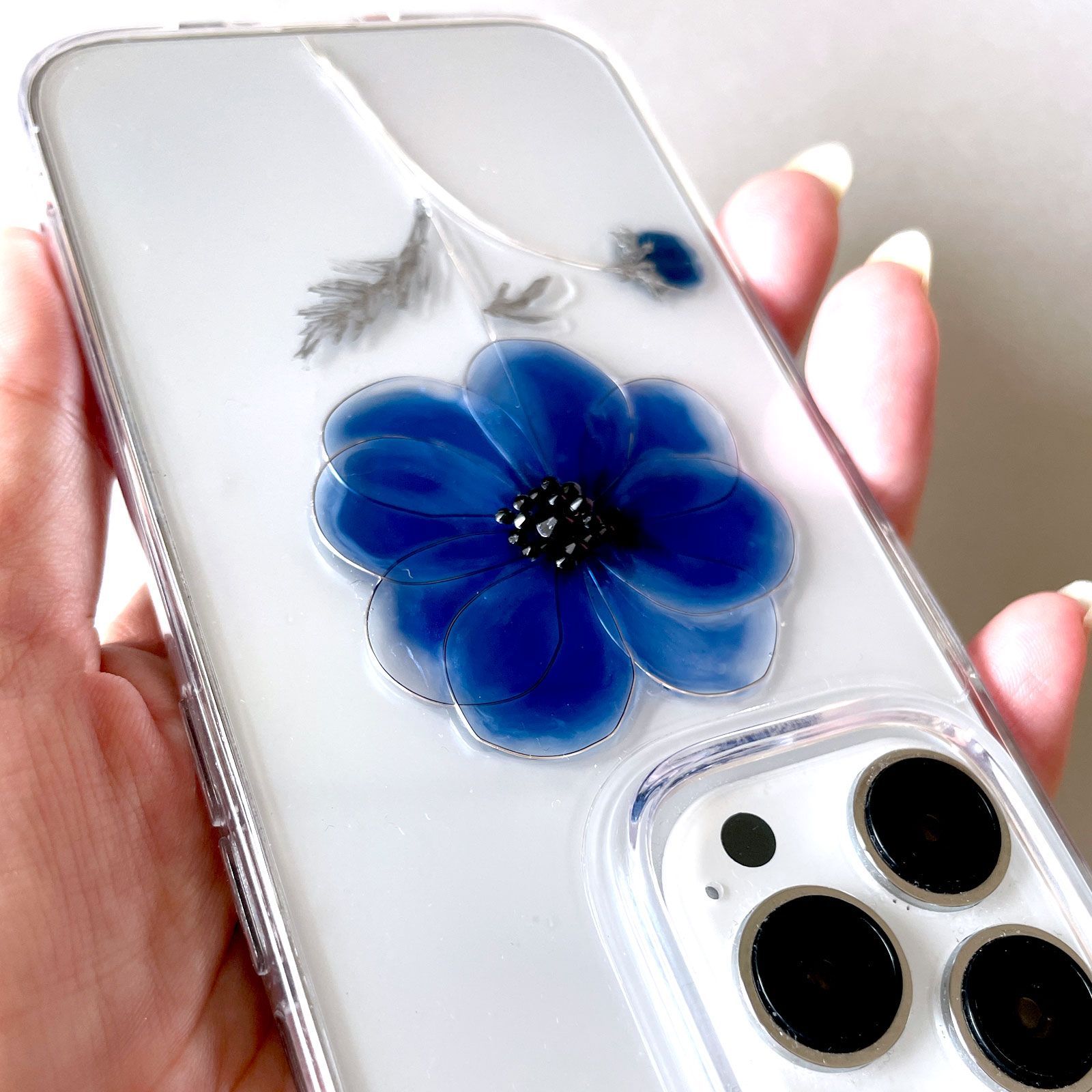 【mariaglace】iPhone11 Pro iPhoneXR アネモネ ブルーネイビー スマホケース クリアケース 全機種対応 1輪花 シンプル お花 透明 iPhoneXR アネモネ Pro 超美品 名入れ無料 NWT
