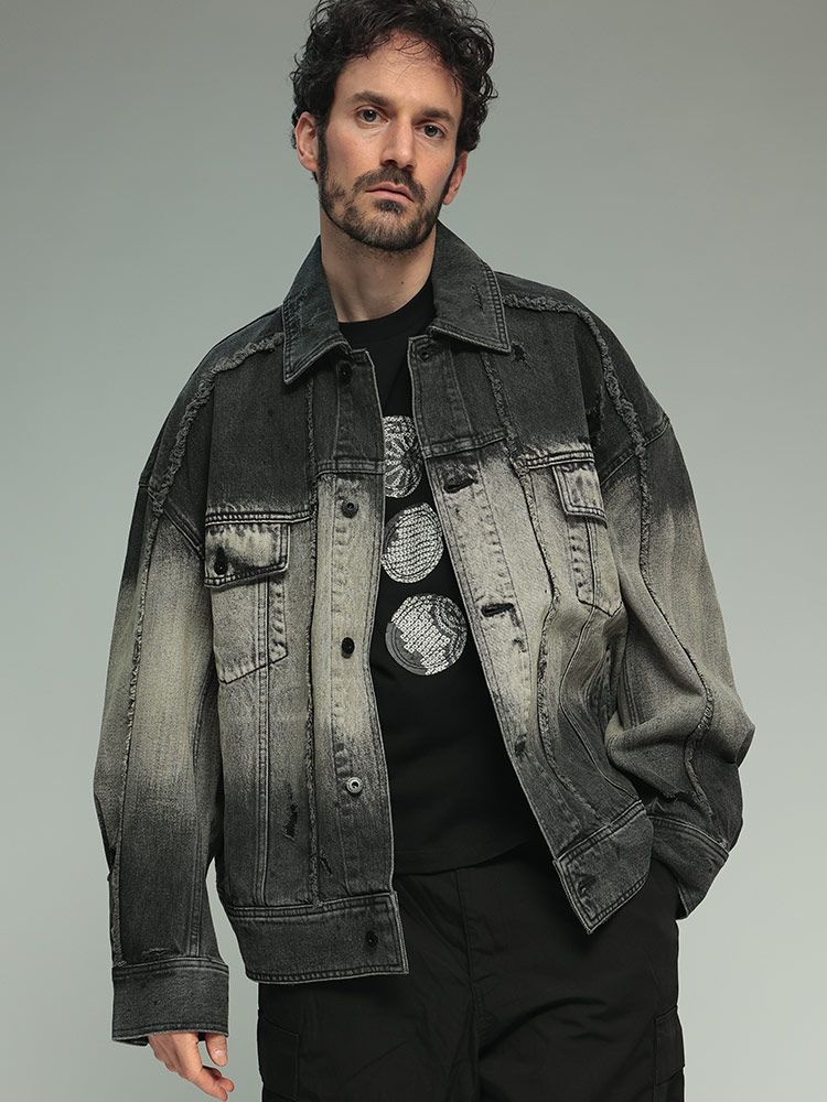 feng chen wang パネルデニムジャケット フェン・チェン・ワン Feng Chen Wang フリンジ フルボタン