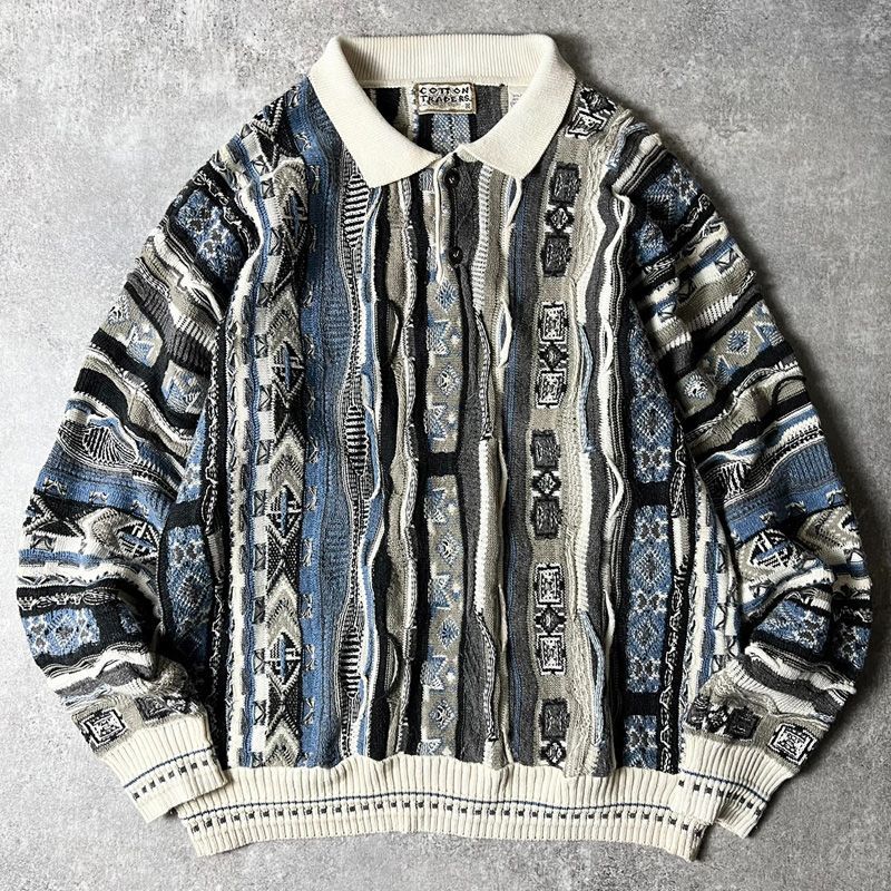 【おまけ付】 COTTON 90s TRADERS XL ポロシャツ ニット コットン 立体編み 3D トップス
