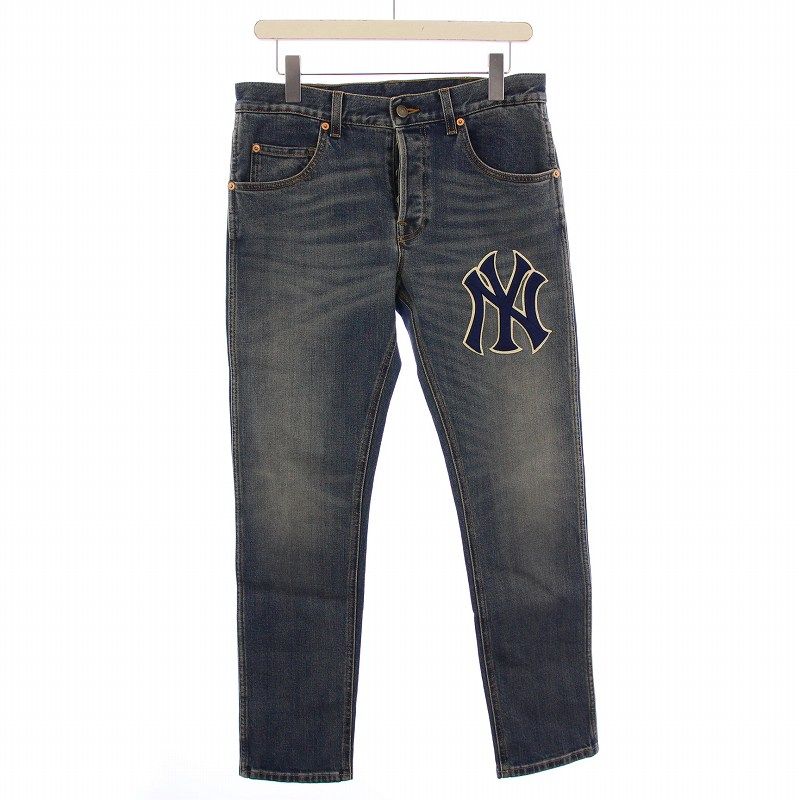 グッチ GUCCI MLB NEW YORK YANKEES デニムパンツ ジーンズ ボタンフライ ストレッチ ロゴ 刺繍 プリント ロゴパッチ 加工 W31 青 ブルー |BB
