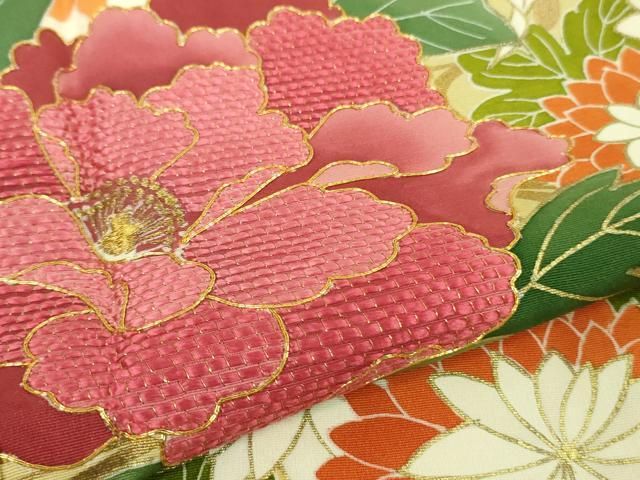 平和屋着物●豪華振袖　鬘帯舞花文　暈し染め　金銀彩　銀通し地　正絹　逸品　AAAT3051np 平和屋着物○豪華振袖 鬘帯舞花文 暈し染め 金銀彩 銀