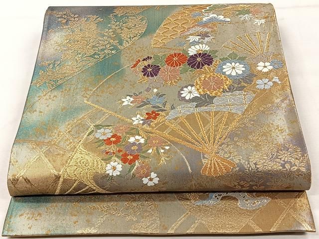 平和屋着物◎六通柄袋帯 唐織 扇面吉祥花文 陶彩錦箔 正絹 逸品