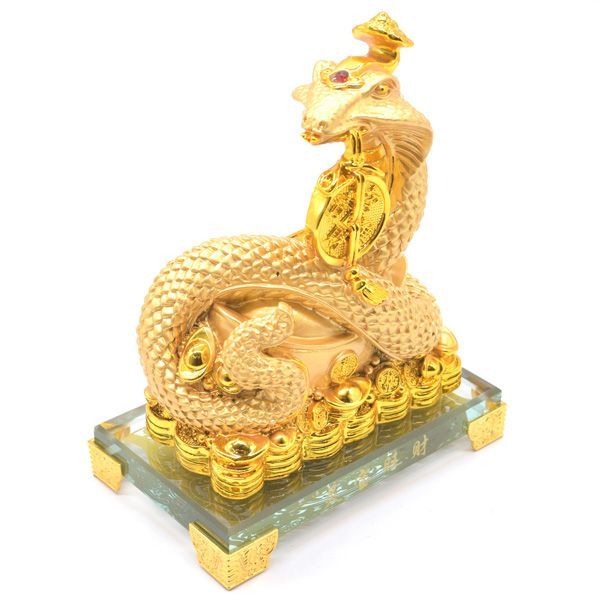 蛇 巳の置物 樹脂製 14cm ガラス台座 古銭くわえ ヘビ へび 十二支