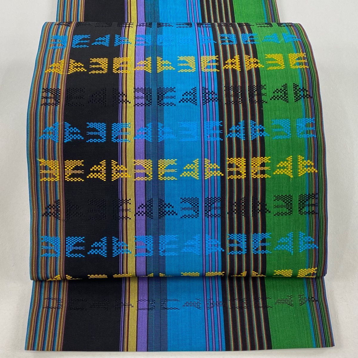 名古屋帯 秀品 縞 幾何学模様 青緑 正絹