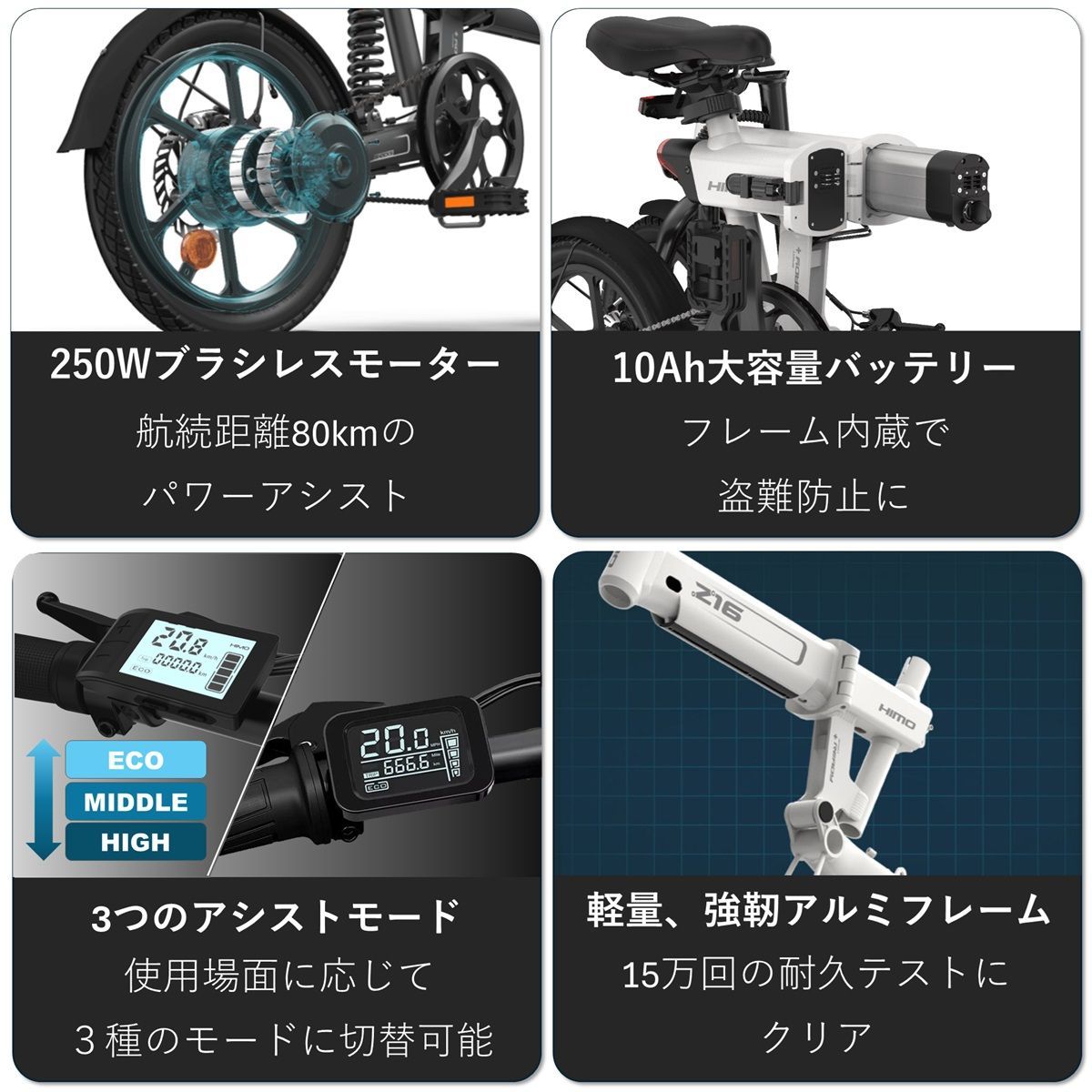 ※アウトレット品※在庫限り！【公道走行可能】 HIMO Z16 ヒモ 電動アシスト自転車 本体 ホワイト 白 折りたたみ自転車 電動自転車 バッテリー取り外し可能 xiaom 16インチ キャンプ アウトドア 持ち運び