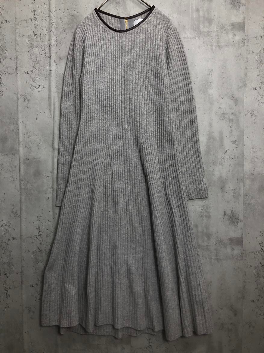 BEIGE ベイジ ネック パイピング フ リブニット ワンピース size2 グレー ◎レディース