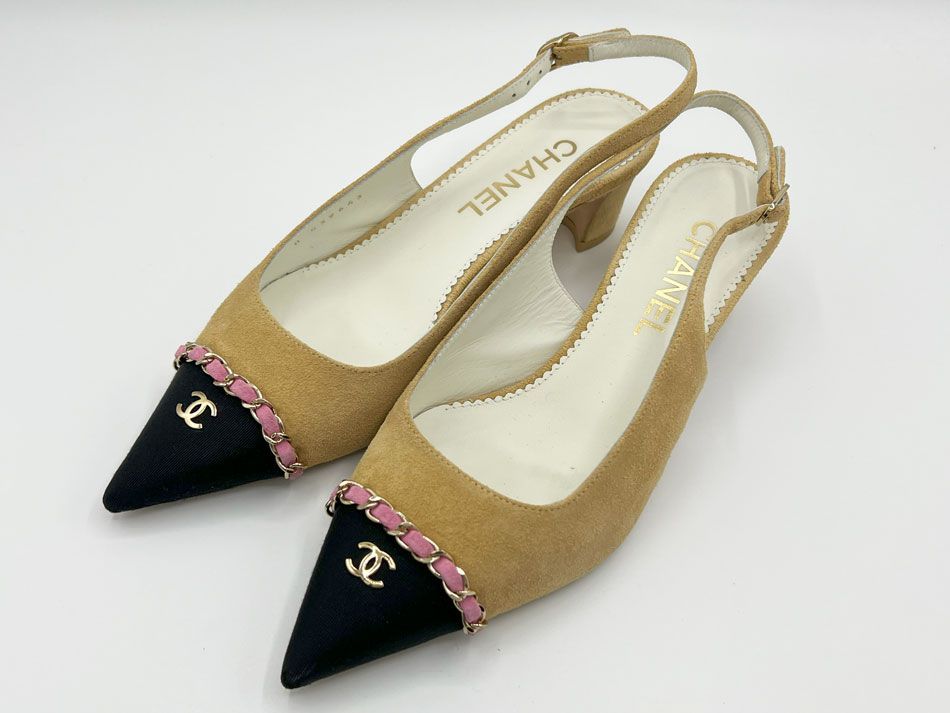 CHANEL シャネル レディース パンプス 靴 slingbacks スリングバックスシューズ スエード カーフスキン ベージュ ピンク ブラック サイズ 37.5 23P G39643 Y56380 K5415