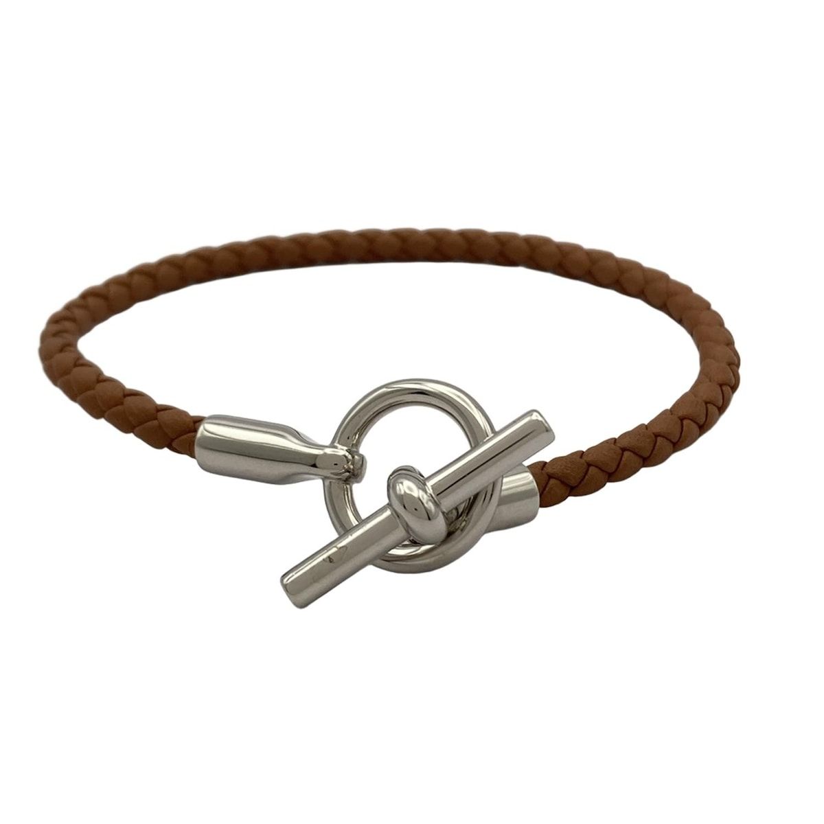 HERMES エルメス ブレスレット グレナン レザー ブラウン×シルバー シルバー金具|編み込み