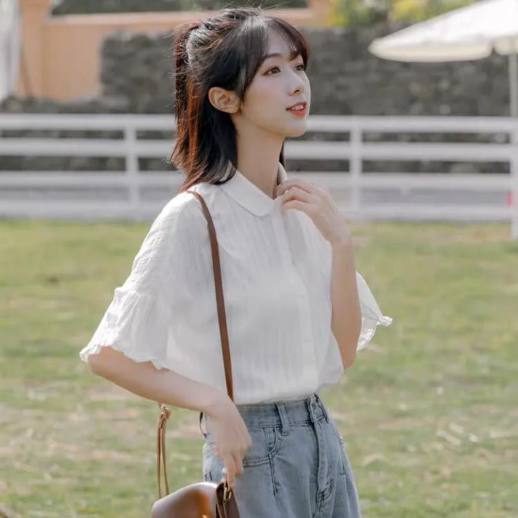 綿シャツ レディース シャツ 半袖 フレンチスリーブ 夏 おしゃれ 白シャツ シャツブラウス とろみ ドルマンスリーブ ドロップショルダ 前開け ボタン止め 折り襟 ブラウス レディース 半袖 シャツ ブラウス フレア袖 トップス