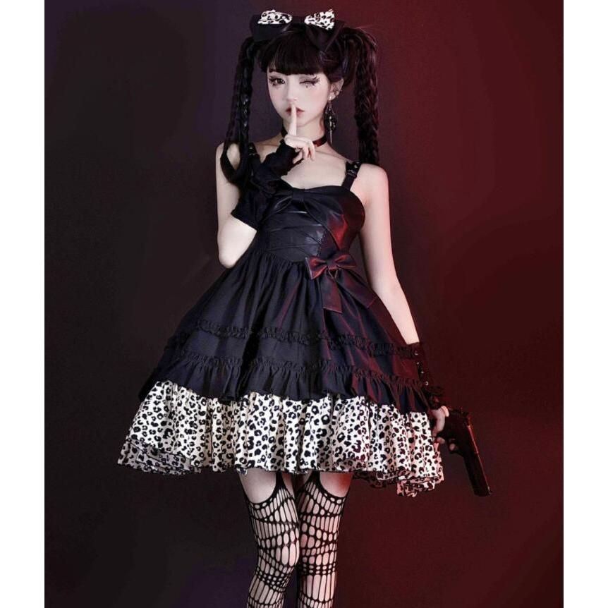 ジャンパースカート ロリータ ワンピース パンク ゴシック ゴスロリ ロリータ ドレス ショート丈 膝丈 暗黒系 ロリータ服 lolita フェイクレザー切替 ワンピース