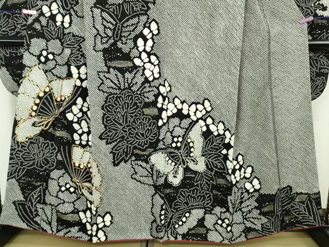 平和屋着物□極上 振袖 駒刺繍 絞り 舞蝶花文 黒地 やまと誂製 逸品