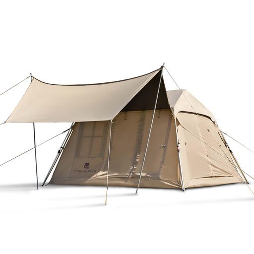 MOBIGARDENワンタッチテント2-4人用拡張キャノピーキャンプロッジ型UPF50 耐水圧3000mm自立式2重層設営簡単初心者向け屋敷型テントお花見おしゃれ公園収納袋付き