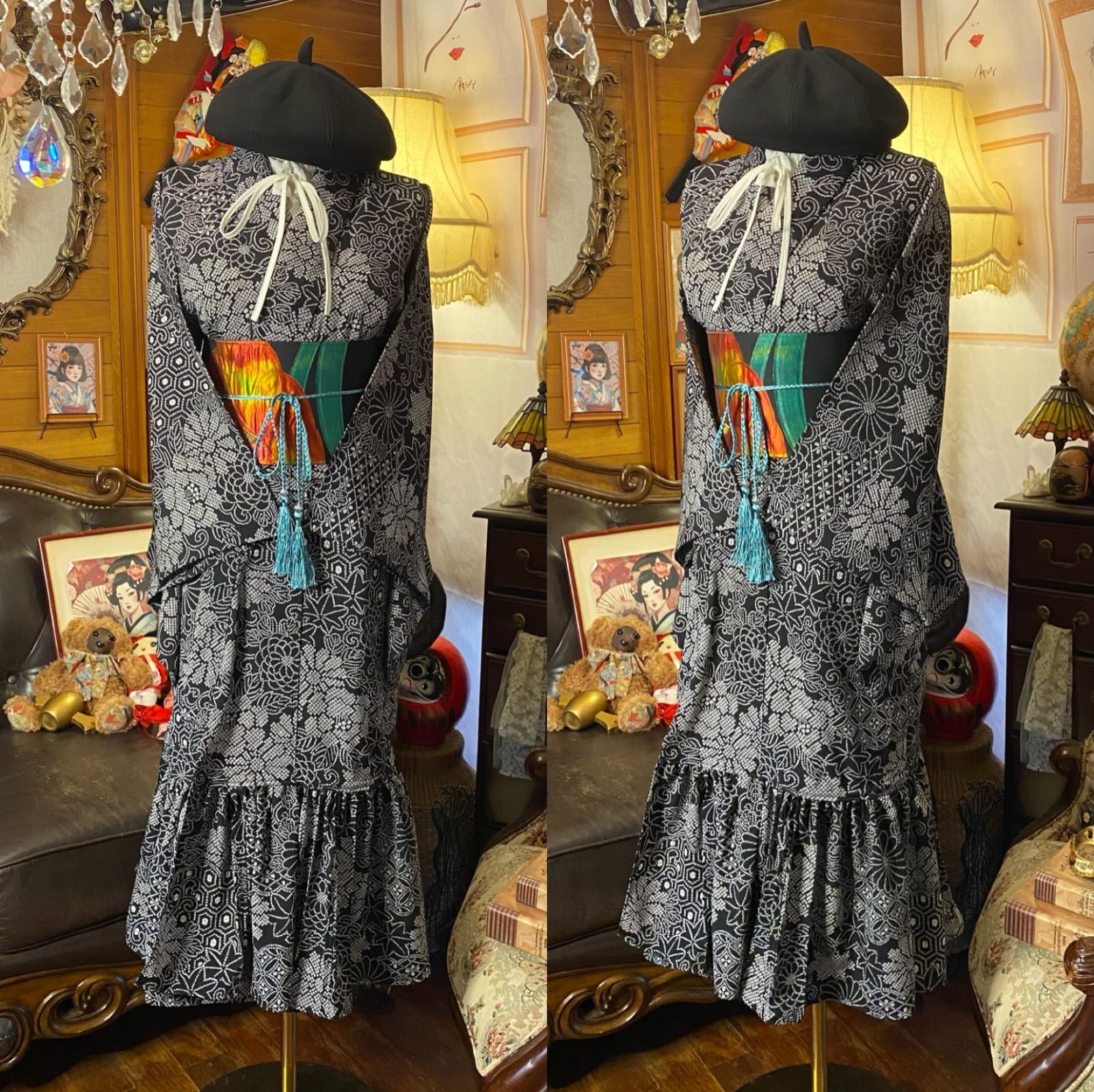 単衣着物 2way ガウン 羽織り ドレス ワンピース ハンドメイド 和洋折衷 洗える 化繊 リメイク 名古屋帯サッシュベルト レトロ 古着 墨黒 黒地と絞り風 KD-64